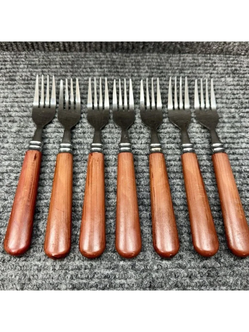 Faberware Silverware Lot Of 7 Table Forks Faux Wood Brown Handle Set Vintage